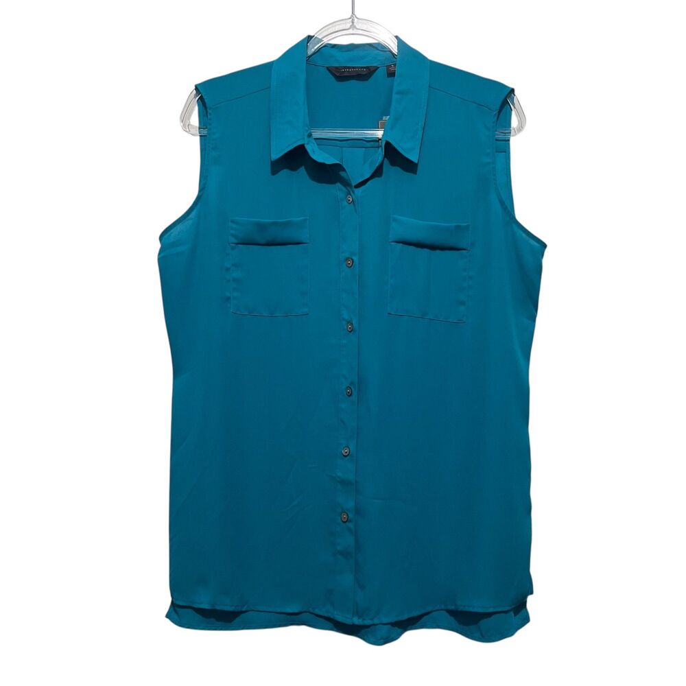 Investments Sleeveless Button Front Blouse Teal Blue Business Casual Women's L